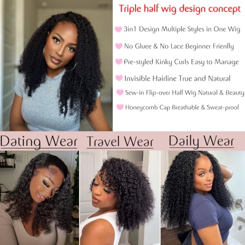 Kinky Curly Half Wig Human Hair 3 in 1 Glueless Wear And Go Human Hair Half Wigs For Women Seamless Flip Over Drawstring Headband Wig 180% Density Beginner Friendly 1B 18inch
