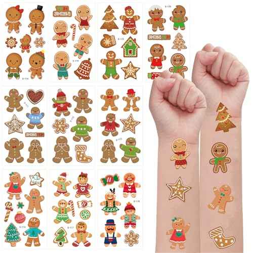 HOWAF 60+Pcs Christmas Gingerbread Temporary Tattoos Stickers for Kids,Funny Gingerbread Man Tattoos for Christmas Party Favor, Xmas Gingerbread Santa Claus Prizes Themed