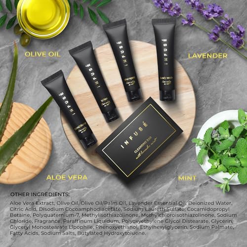 Infuse Black Soaps & Toiletries Bulk Set | 1-Shoppe Amenities Kit for Hotels & Vacation Rentals | 1 oz Shampoo, Conditioner, Body Wash, Lotion, 1.25 oz Cleansing Bar | 75 Pieces