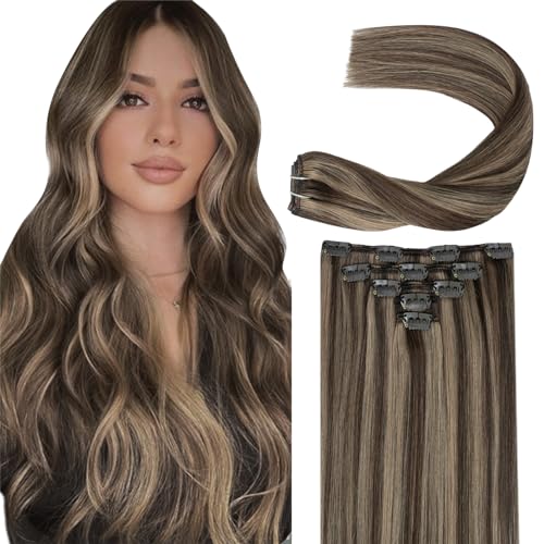 Clip in Real Human Hair Extensions for Women Straight Long Natural Clip on Real Human Hair Extensions Double Weft Chocolate Brown To Caramel Blonde Remy Brazilian Clip ins Hair 22 Inch 60G 5 PCS
