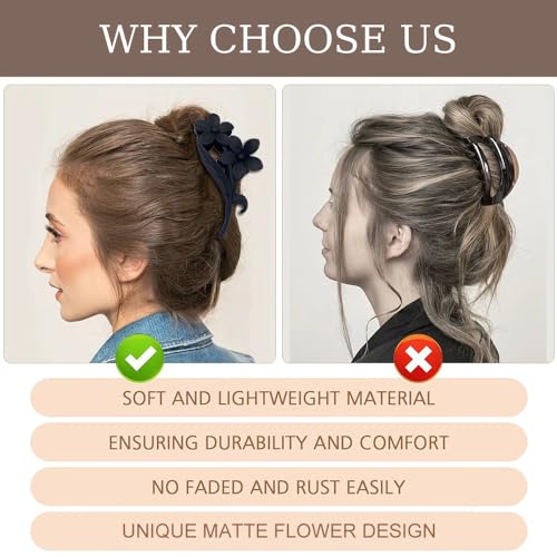 Black Flower Hair Claw Clips - 1Pcs Large Matte Twin Flower Design Hawaiian Hair Accessories Strong Hold Non Slip Shark Clamp Hairpins Barrette for Women & Girls