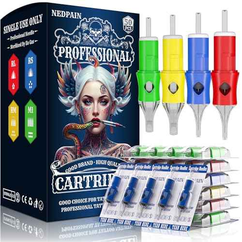 50Pcs Tattoo Cartridge Needles #10 Bugpin Mixed Size Round Liner Shader Mugnum - 3RL/5RL/7RL/9RL/3RS/5RS/5RM/9RML/5M1/9M1 Pro Disposable Cartridges for Tattoo Machines, Beginners & Artists