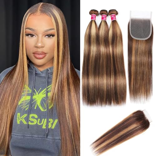 Highlight Ombre Human Hair Bundles with Closure 10A Highlight Brown Blonde 3 Bundle with 4X4 Closure Free Part (12 14 16+12Inch) Soft Straight Honey Brown Bundles Human Hair