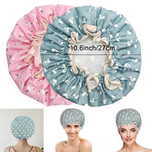 Double Layer Shower Cap for Women Waterproof Reusable Elastic Band, Ruffled Edges Covering Ears for Long, Short & Curly Hair (Blue Bird)