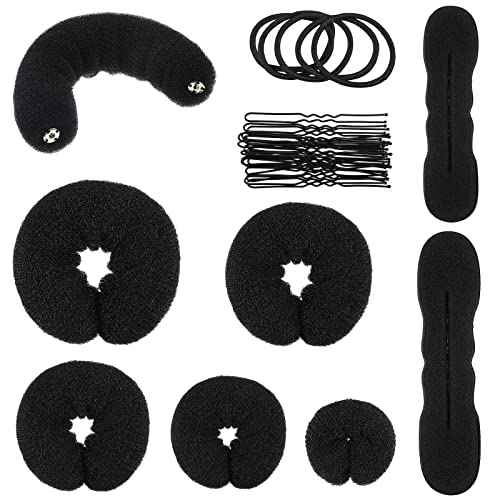 Yinder 34 Pcs Donut Hair Bun Maker Updo Set Includes Black Donut Bun Makers Small & Large Sponge Foam Hair Sponges Elastics Bands Hairpins for Hairstyle DIY