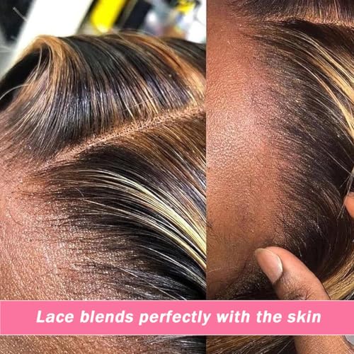 Highlight Ombre Lace Front Wig Human Hair Pre Plucked 13x6 HD Honey Blonde 4/27 Deep Wave Lace Frontal Wigs 200% Density Glueless Colored Wigs for Women Wet and Wavy Lace Front 18 Inch