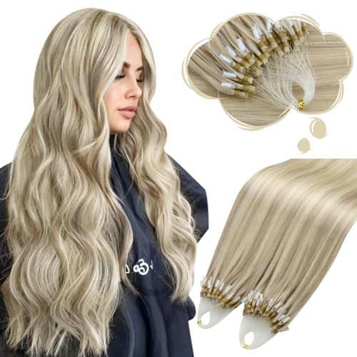 Moresoo Micro Beads Hair Extensions Real Human Hair Highlight Ash Blonde with Bleach Blonde Microlink Hair Extensions Long Straight 50G/50S 24 Inch