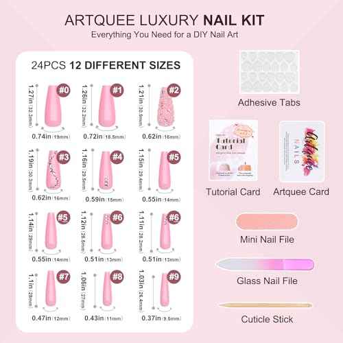 Artquee 24Pcs Pink Coffin Press on Nails Long Fake Nails with Rhinestones Design Reusable False Nail Art Manicure Stick on Nails Kit for Women