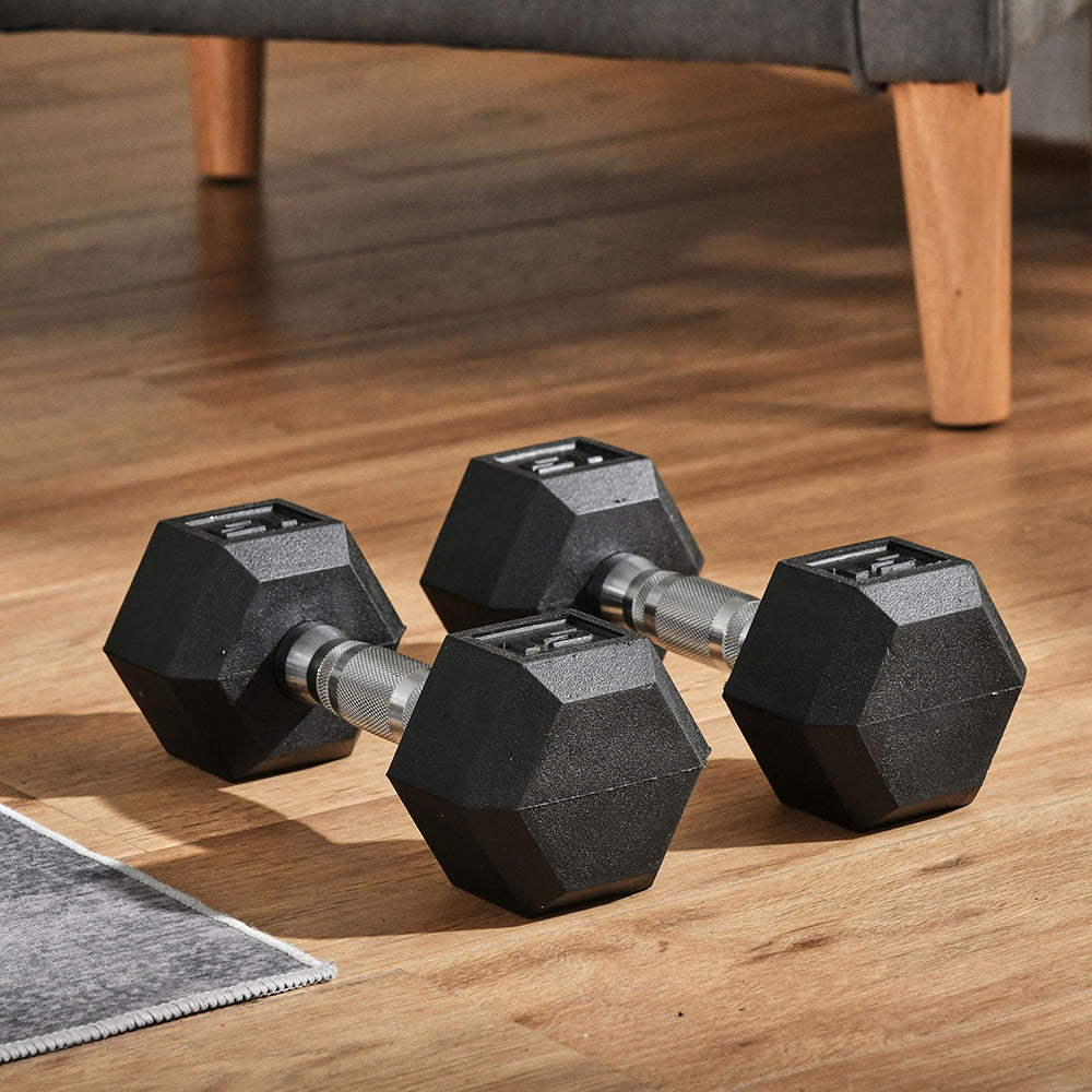 Hex Dumbbell Set - 2 x 15 lbs Rubber Weights with Non-Slip Grip