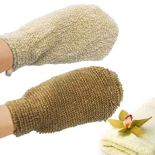 (2 Pack) Natural Exfoliating Hemp Bath Mitt Shower Gloves Loofah Washcloth Sponge Machine Washable Body Scrubber (ROUGHER Hemp)