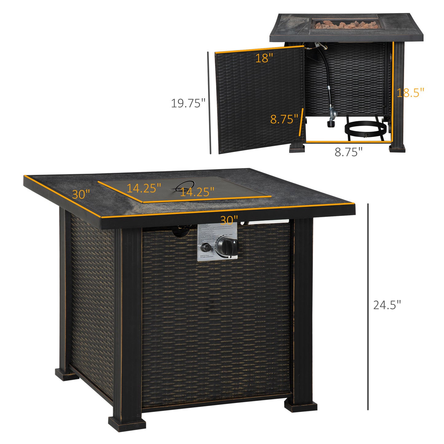 30 Inch Outdoor Propane Gas Fire Pit Table - 50,000 BTU, Black