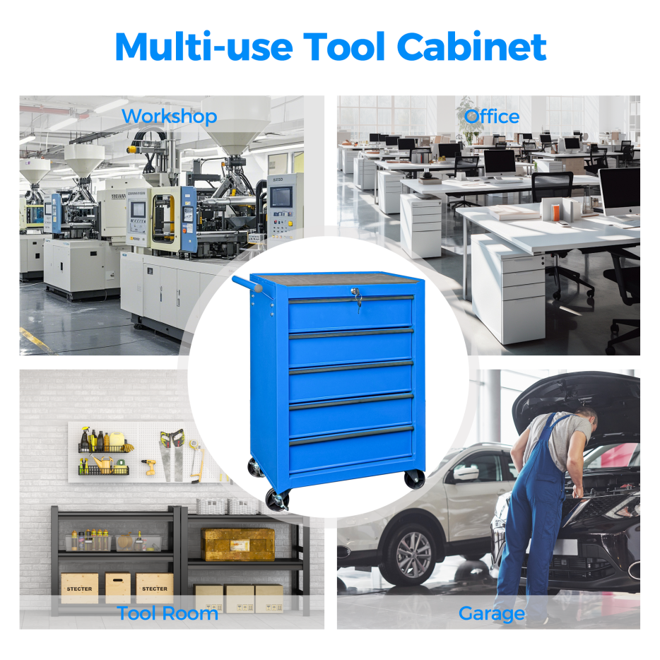 Rolling Metal Tool Chest with 5 Drawers - 20" Steel Storage Cabinet - Blue
