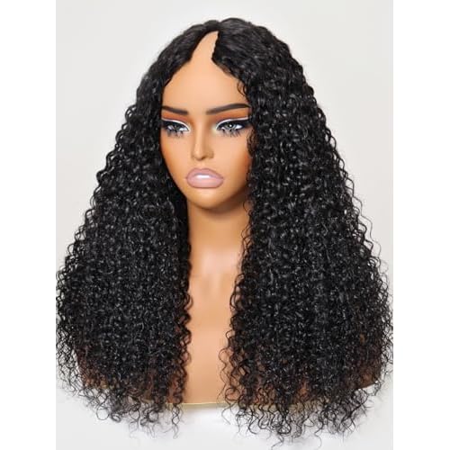 UNICE EasiContour V Part Wigs Human Hair Jerry Curly Glueless Wigs Human Hair Clip in Vpart Wig Minimal Leave Out Upgrade U Part Human Hair Wig Beginner Friendly 14 inch