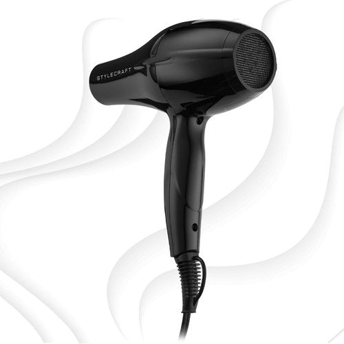 StyleCraft Stay-Temp Professional Lightweight Hair Dryer, 3 Heat/2 Speed Settings, Ionic Turbo Motor, Concentrator Nozzle, and Pik Attachments