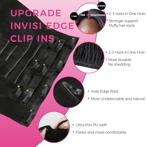 Lashey Invisi Edge Clip in Hair Extensions 14 Inch 110g 7pcs Injected Seamless PU Clip in Hair Extensions Virgin Human Hair, Natural Black Yaki Straight Hair