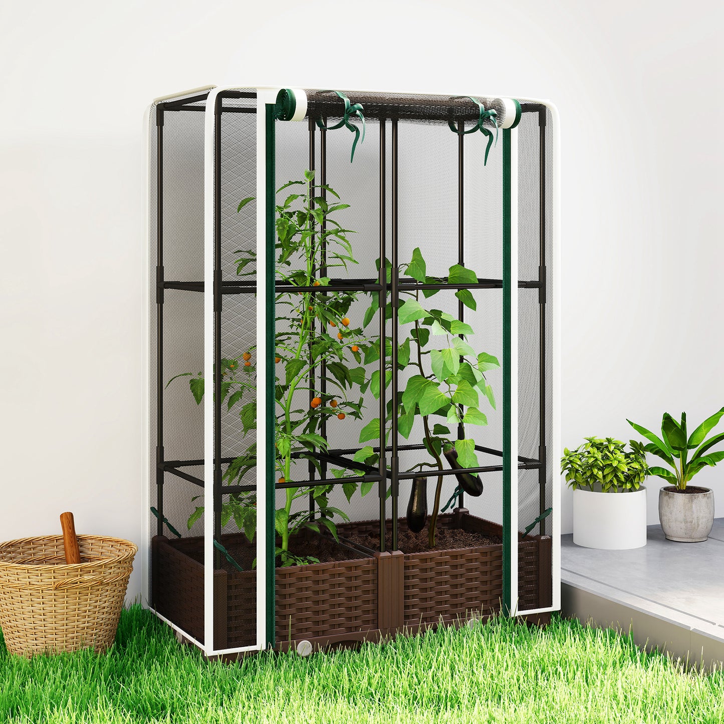 Raised Garden Bed with Trellis and Watering System - White, 46.5 Inches