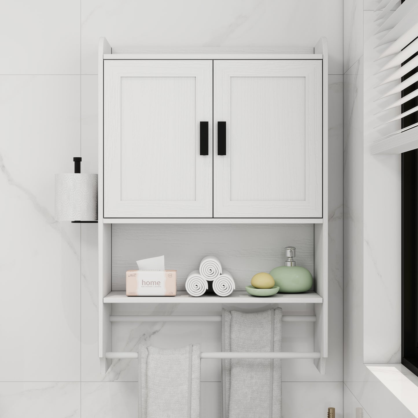 Bathroom Wall Cabinet with Doors, Adjustable Shelf & Towel Bar - White