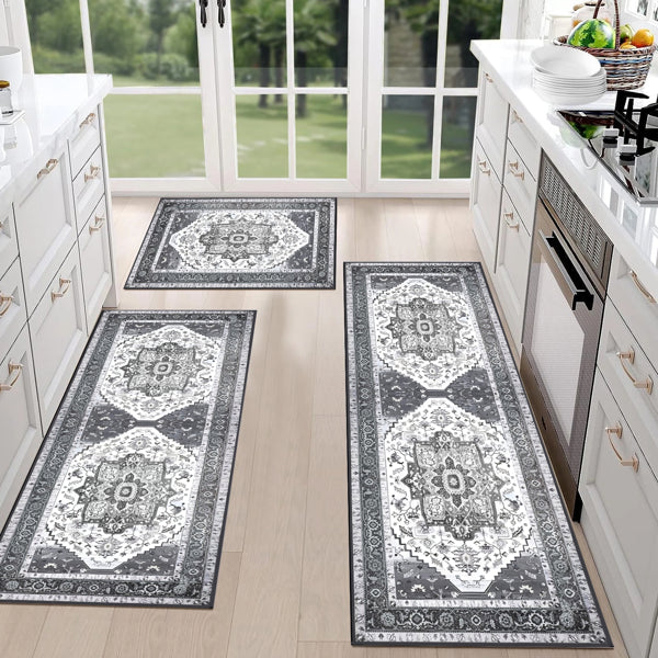 Boho Kitchen Rug Set 3 Piece with Runner - Non-Slip, Washable