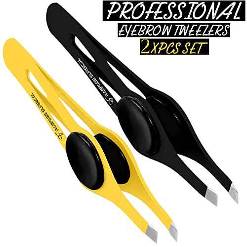 Professional Eyebrow Tweezers Slanted Tip Stainless Steel 2,3xPcs Set, Non-Slip Grip Slant Tip Tweezers for Facial Hair, Plucking Removing Ingrown Hairs, Tweezer for Women Men (Black&Yellow)
