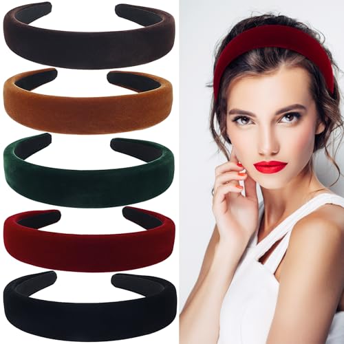 5Pcs Velvet Wide Headband for Women Black Green Red Headband Christmas Accessories Gift Soft Padded Headband Fashion Headband Non Slip Vintage Head Band Plastic Headband Assorted 90s Hair Band