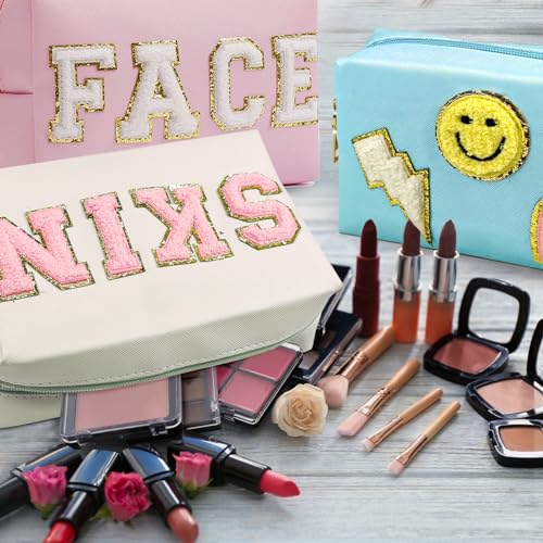 GEMLORD 3 Pieces Preppy Patch Makeup Bag, Small Chenille Letter Cosmetic Bag, PU Leather Waterproof Zipper Skin Care Toiletry Bags for Teen Girls, Portable Preppy Gift for Women(White, Blue, Pink)