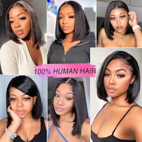 Bob Wig Human Hair 13x4 Frontal Lace Wigs Transparent Lace Short Bob Lace Front Wig Natural Black Pre Plucked Hair Extrenstion with Baby Hair (13X4 NC BOB, 14 INCH)