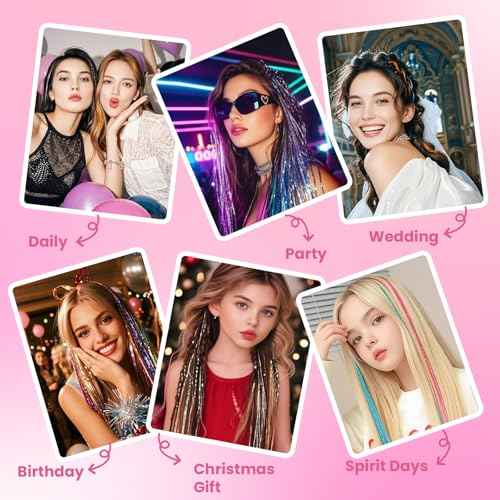 NIACONN Glitter Hair Tinsel Extensions Kit 18 Colors with Tools and Beads, 48 Inch Sparkly Fairy Colorful Tensile Strands Shiny Hair Accessories for Women Girls Kids