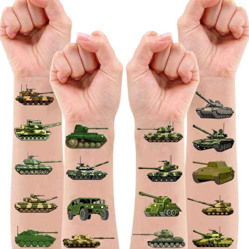 100 PCS Tank Military Temporary Tattoos Themed Birthday Party Decorations Favors Supplies Decor Army Camo Camouflage Soldier Tattoo Stickers Gifts For Game Boys Girls Classroom School Prizes Christmas