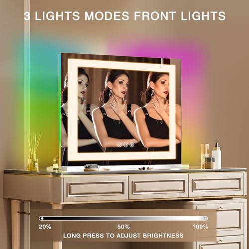COOLJEEN RGB Vanity Mirror with Lights 23¡± X 18¡± Makeup Mirror with Front Light and RGB Backlit Lighted Makeup Mirror with 3 Color Lighting Dimmable Tempered Glass 10x Magnification and Wall-Mounted