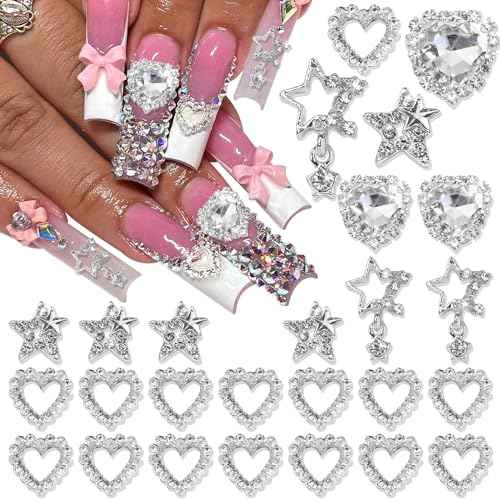30PCS Star Nail Charms 3D Crystal Heart Nail Charms Alloy Silver Nail Charms Shiny Starlight Nail Gems and Charms Jewelry Rhinestones for Women Nail Art and DIY Crafts Decoration