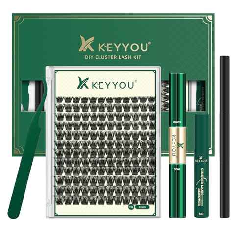 KEYYOU Lash Clusters Kit 144pcs Thick Volume D Curl Lash Clusters Lash Extension Kit with Mascara Brush Bond and Seal Lash Glue Remover Lash Applicators Lash Brush for DIY Lash Extensions (Y02 Kit)