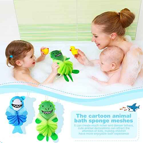Nuenen 2 Pcs Bath Loofahs Kids Toddler Cute Cartoon Bath Sponges Loofah Pouf Body Scrubber Mesh Sponges for Children Shower Washing Exfoliating