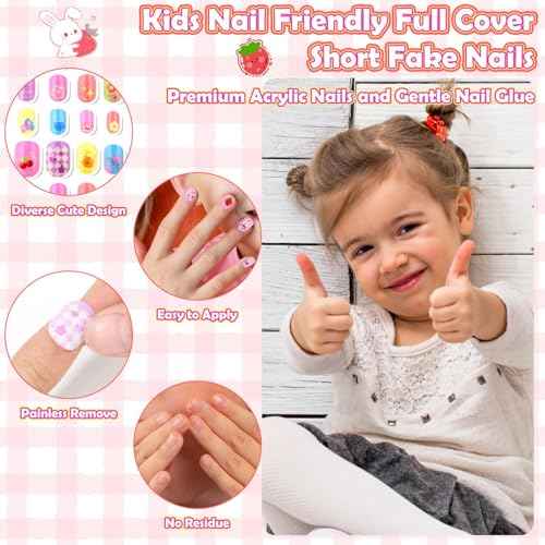 288 Pieces Kids Nails Press ons for Girls, Acejoz Fake Nail Set Pre Glue Stick on Short Nails for Children Little Girls 8-12 Year Nail Art Decoration