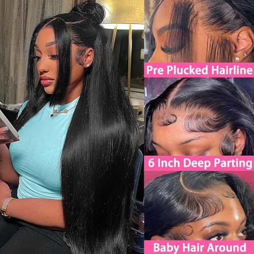 30 Inch 13x6 Straight Lace Front Wigs Human Hair 200% Density HD Lace Front Wigs Human Hair Pre Plucked Glueless 13x6 Full Frontal Straight Wig for Women Natural Black
