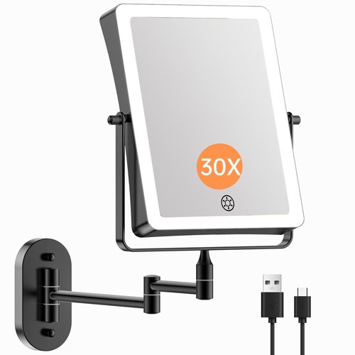 FASCINATE 5000mAh Rechargeable Wall Mounted Makeup Mirror, 8.7" Double Sided Touch Switch 1X 30X Rectangle Magnifying Mirror with Light, 3 Color Setting, Extended Arm 360° Swivel Foldable Black