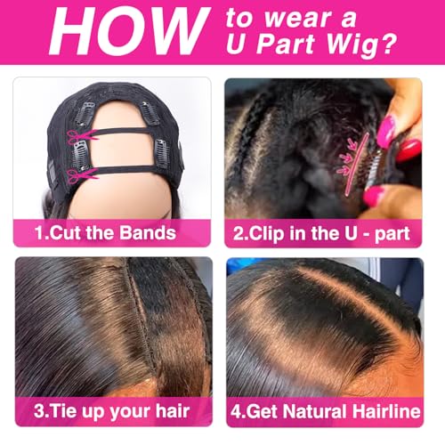 U Part Wigs With Drawstring for Women Straight Human Hair Wigs 200% Density U Part Human Hair Wigs Can Be Dyed and Bleached(#1B Natural Black, 20 inch)