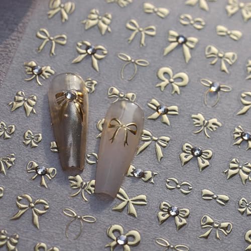5D Embossed Bow Nail Stickers - Gold Bow Nail Art Decals with Rhinestone Knot Designs for Women's Manicure