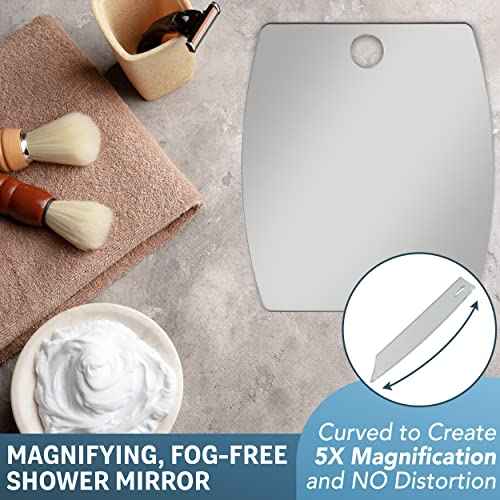 Shave Well Magnifying Anti-Fog Hanging Shower Mirror for Shaving | Curved Design for 5X Magnification | Light and Virtually Unbreakable | Includes Long-Lasting Removable Adhesive Hook