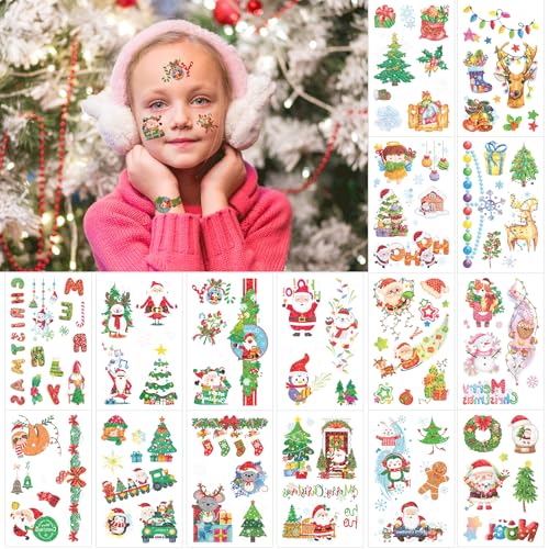 16 Sheets Glitter Christmas Temporary Tattoos for Kids Birthday Party Favors, Christmas Sparkly Winter Holiday Body Decoration Tattoo Stickers for Boys and Girls Goodie Bag Stocking Stuffers