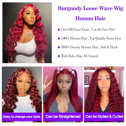 FASHION PLUS 99J Loose Wave Lace Front Wigs Human Hair Pre Plucked 200% Density 13x4 HD Transparent Burgundy Loose Deep Wave Full Frontal Human Hair Wigs for Black Women