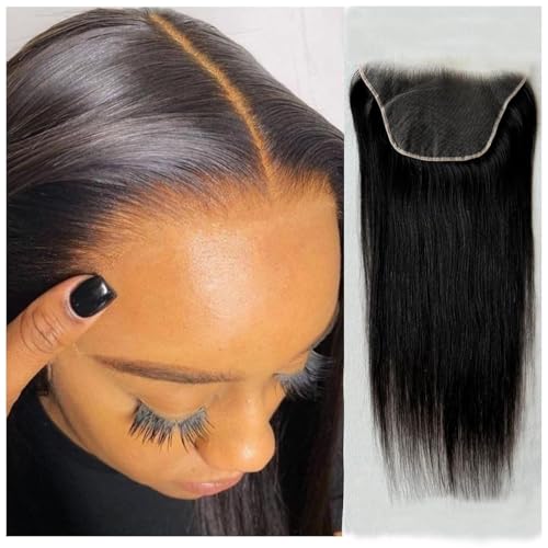 9¡¿6 HD Lace Closure 0.1mm Ultra-thin HD Lace Closure Human Hair with Natural Hairline Pre-plucked Bleached Knots Virgin Unprocessed Straight Hair Natural Black Color 14 Inch