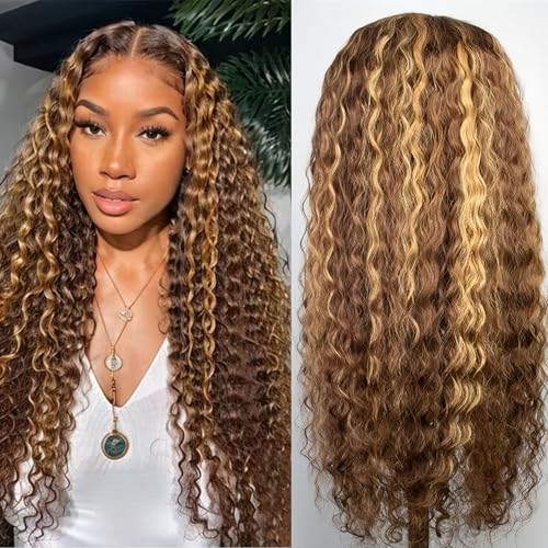 Highlight Ombre 4/27 Human Hair Wear and Go Glueless Wigs Deep Wave Curly Wet and Wavy Lace Front Pre Plucked Pre Cut 5x5 HD Lace Closure Wigs for Black Women (highlight ombre 4/27, 22 Inch)