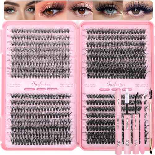 Lash Clusters Kit, 640 Pcs Eyelashes Clusters Extensions Kit 9-16mm Individual Lashes D Curl Fluffy Wispy False Eyelashes Thin Band, with Bond Seal Tweezers Brush DIY (30D+40D+50D+60D Kit 9-16mm)