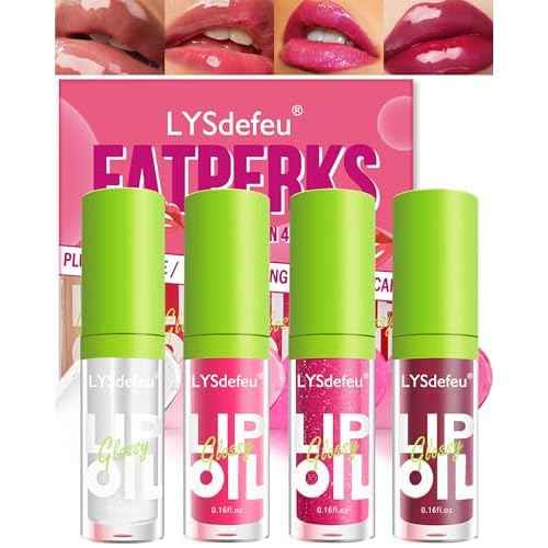 4 Colors Lip Oil Lip Glaze,Hydrating Tinted Plumping Lip Gloss,Clear Pink Shiny Glow Reviver Lip Care Oil,Longlasting Non-sticky Transparent Lip Oil,Women's Day Makeup Gift Kit for Women-SetA