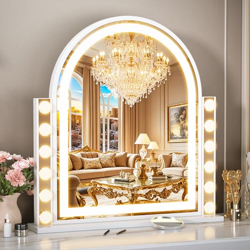 FENCHILIN Arch Vanity Mirror with Light 23.4"x22.4" Arched Makeup Mirror Lighted Hollywood Mirror with 12 Dimmable Bulbs and Light Strip with Smart Control 3 Color Modes White