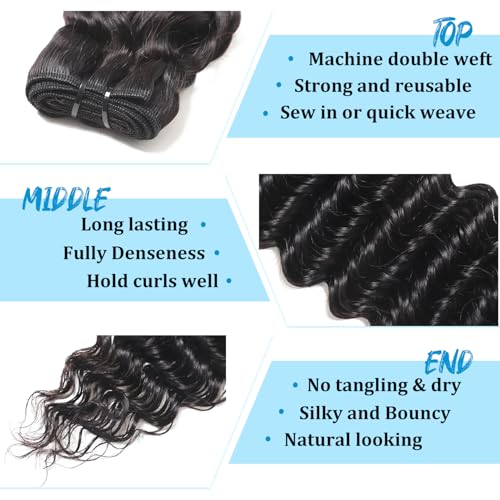 22 24 26 Inch Deep Wave Human Hair Bundles Deep Curly Wave 3 Bundles 12A 100% Unprocessed Brazilian Virgin Human Hair Wet and Wavy Bundles Double Weft Natural Color Human Hair Extensions