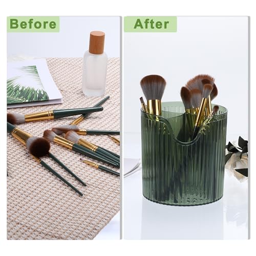 VOCOSTE Makeup Brush Cup, Makeup Organizer, 4 Slot Makeup Brush Holder, Cosmetics Storage Cup, for Vanity for Desktop, for Bathroom Countertops, Clear Green