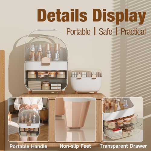 Makeup Organizer for Vanity, Skincare Organizer with Drawers, Storage Box with Handle, Cosmetic Display Cases for Dresser, Bathroom, Countertop, Christmas Gifts for Teen Girls(Rose Gold)
