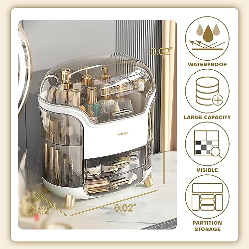 Makeup Organizer, Large Capacity Cosmetic Storage, Skincare Organizer with 2 Storage Drawers, Cosmetics Organizer for Skincare, Lipsticks, Perfume for Bathroom Countertop, Bedroom Dresser (White)
