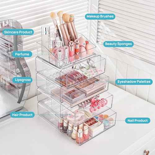 Vtopmart 3 Tier Clear Makeup Organizer with Drawer, Cosmetic Storage for Dresser Countertop and Bathroom Vanity, Beauty Holder for Lipstick Brush Skincare